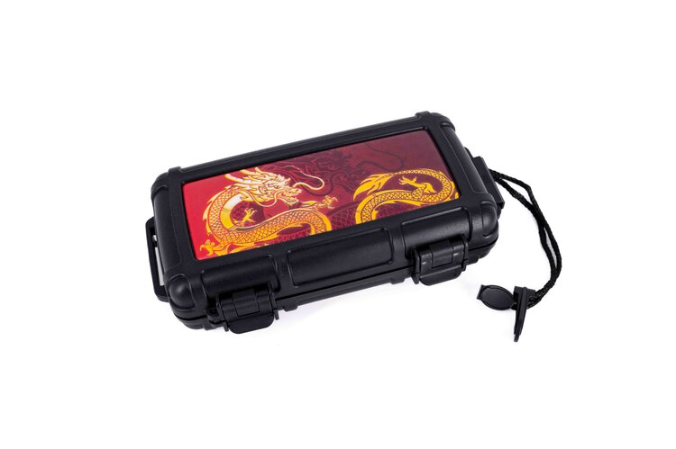 Cigar Caddy Cigar Caddy Reisehumidor Schwarz Drachenmuster mit Befeuchter für 5 Zigarren