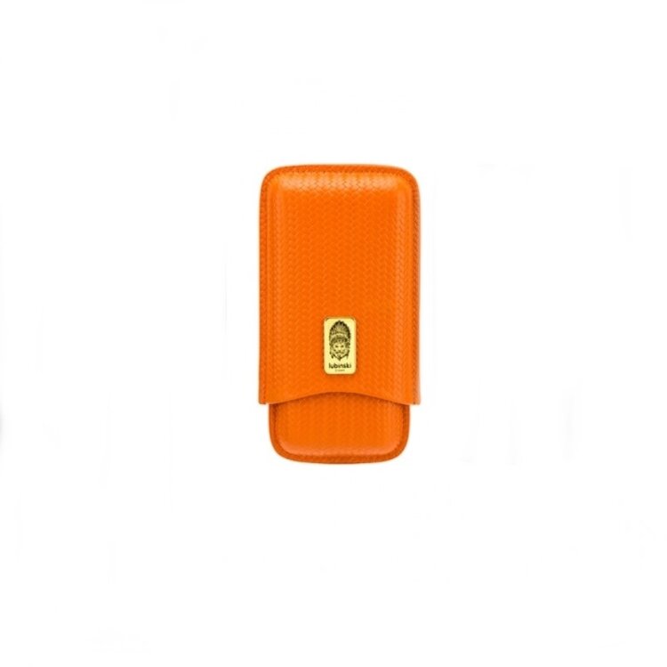 Lubinski Zigarrenetui Leder Orange mit Prägung, teleskopisch, für 3 Zigarren