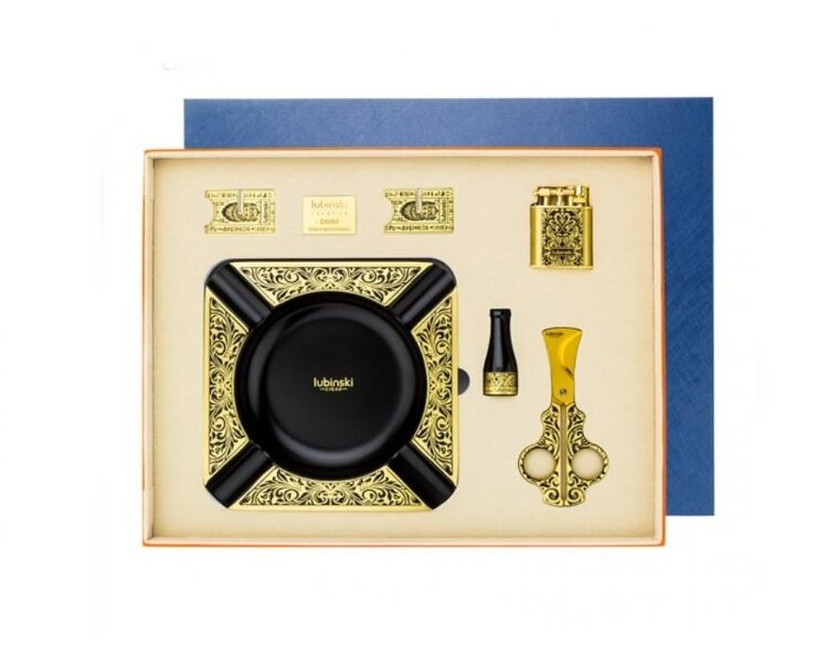 Lubinski Zigarrenset 5-teilig Gold/Schwarz mit Aschenbecher, Feuerzeug, Schere, Spitze und Etui