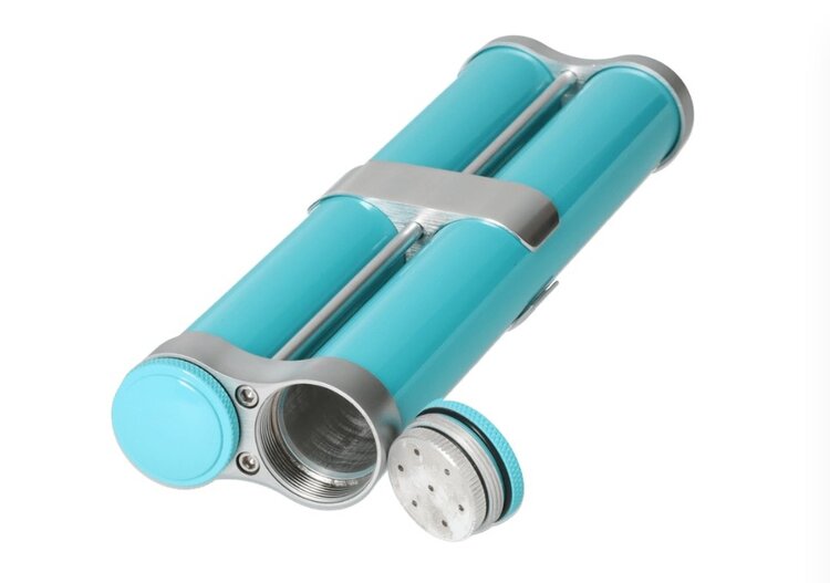 Angelo Zigarrenetui Aluminium Türkis-Silber mit 2 Schraubröhren und Befeuchtern für 2 Zigarren