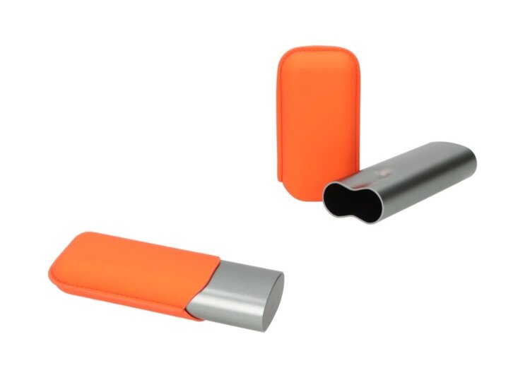 Angelo Zigarrenetui Aluminium Grau und PU-Leder Orange teleskopisch für 2 Zigarren, Ringmass 60
