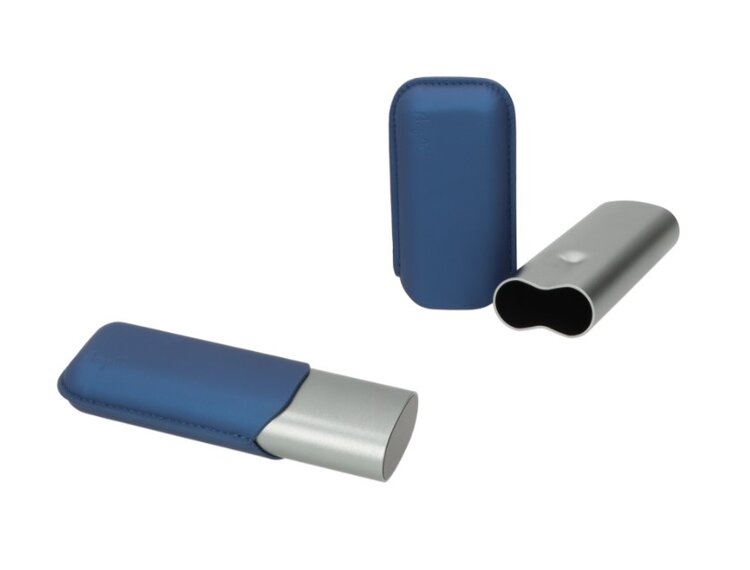Angelo Zigarrenetui Aluminium Grau und PU-Leder Blau teleskopisch für 2 Zigarren bis Ringmass 60