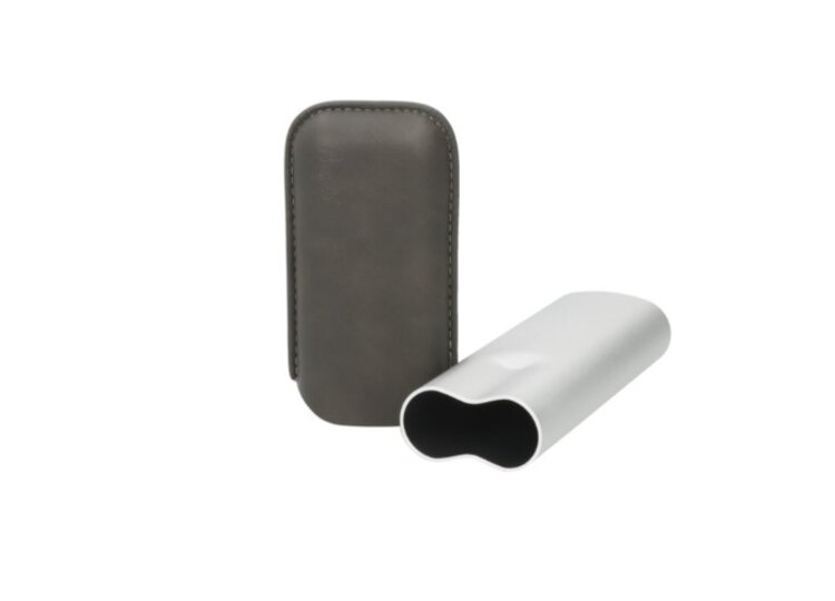 Angelo Zigarrenetui Aluminium Silber matt und PU-Leder Grau teleskopisch für 2 Zigarren