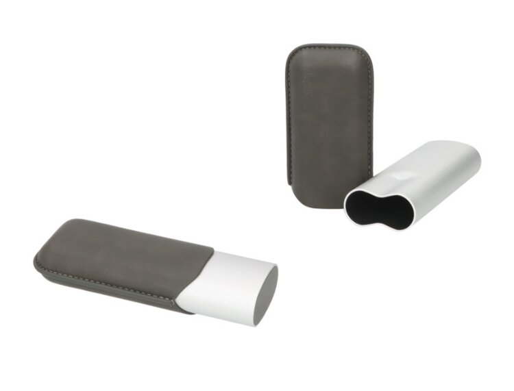 Angelo Zigarrenetui Aluminium Silber matt und PU-Leder Grau teleskopisch für 2 Zigarren
