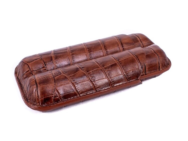 Angelo Zigarrenetui Teleskop Leder Krokodil-Optik Braun für 2 Zigarren bis 16 cm, Ringmass 75