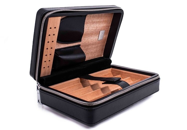 Angelo Zigarren-Reisehumidor Leder Schwarz mit Befeuchter und Zubehörtaschen für 4 Zigarren