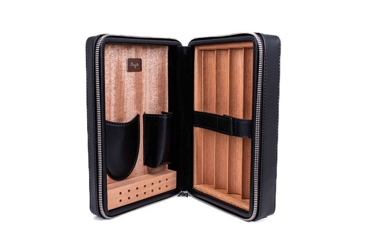 Angelo Zigarren-Reisehumidor Leder Schwarz mit Befeuchter und Zubehörtaschen für 4 Zigarren