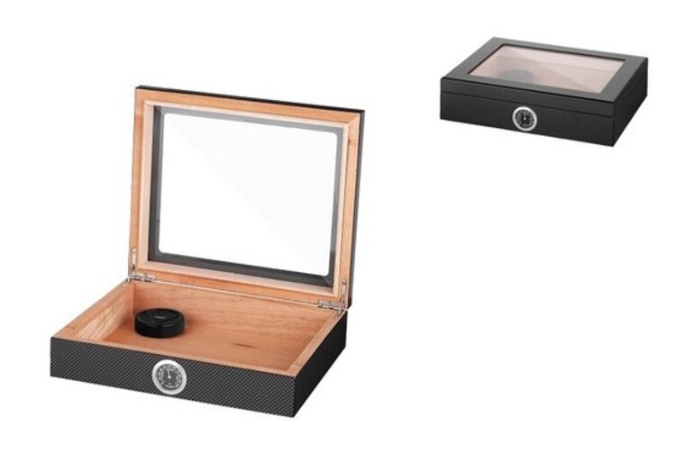 Angelo Zigarrenhumidor Glasdeckel Karbon-Optik mit Zedernholz, Befeuchter und Hygrometer