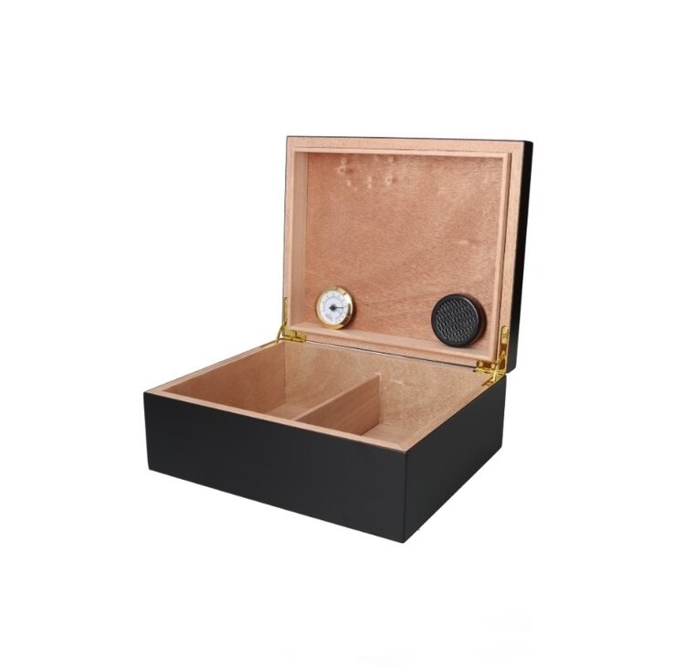 Angelo Zigarrenhumidor Mattschwarz mit goldenem Geometrie-Deckel, Zedernholz und Hygrometer