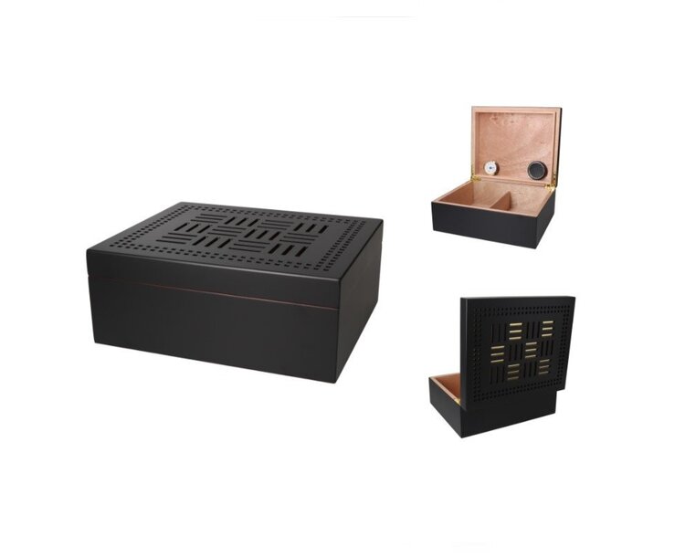 Angelo Zigarrenhumidor Mattschwarz mit goldenem Geometrie-Deckel, Zedernholz und Hygrometer