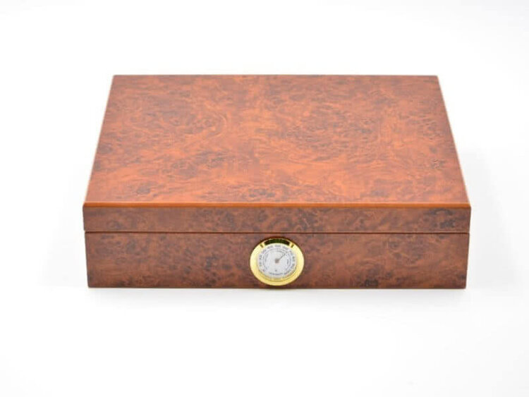 Angelo Zigarrenhumidor Zedernholz Wurzelholz-Optik Braun mit Aussenhygrometer für 25-30 Zigarren