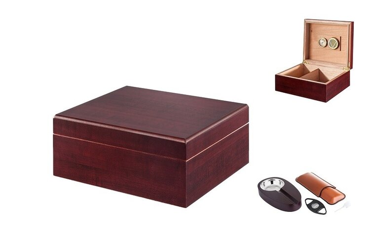 Angelo Zigarrenhumidor-Set Rotbraun mit Cutter, Lederetui und Aschenbecher für 40 Zigarren