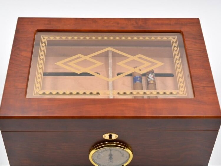 Angelo Zigarrenhumidor Zedernholz Braun mit Glasdeckel, 2 Ebenen und Schloss für 50-60 Zigarren
