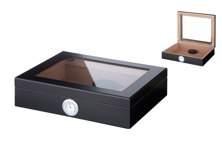 Angelo Zigarrenhumidor Zedernholz Schwarz matt mit Glasdeckel, Befeuchter und Hygrometer