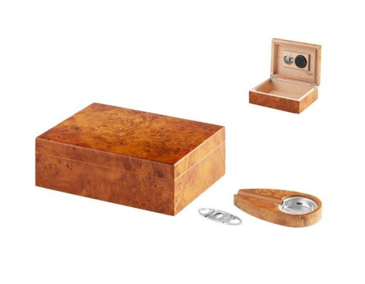 Angelo Zigarrenhumidor Wurzelholz-Optik mit Hygrometer, Cutter und Aschenbecher für 25 Zigarren