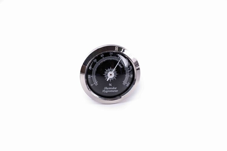 Angelo Humidor-Hygrometer analog mit Silberrahmen und schwarzem Zifferblatt, 60 mm