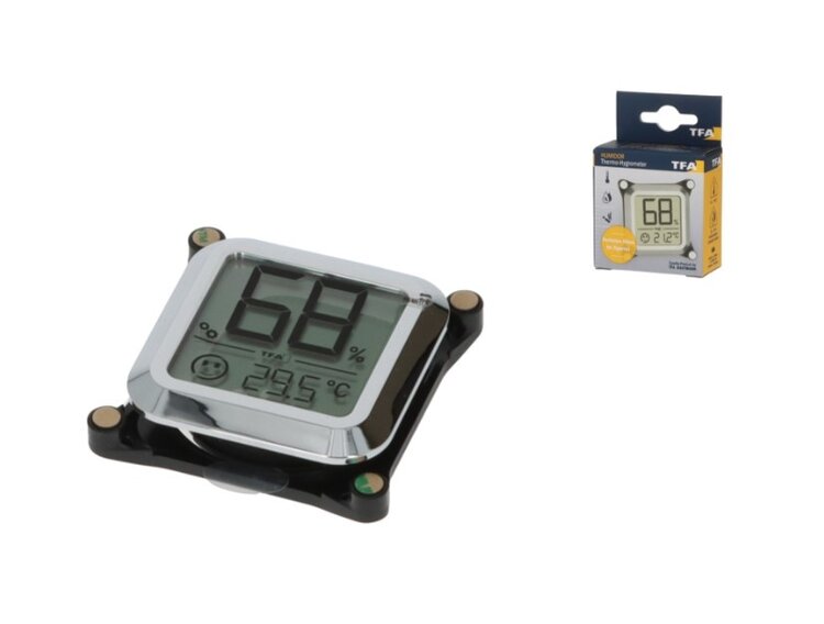 TFA Humidor-Hygrometer digital Chrom 5 × 5 cm mit Komfortanzeige, Montagering und Batterie