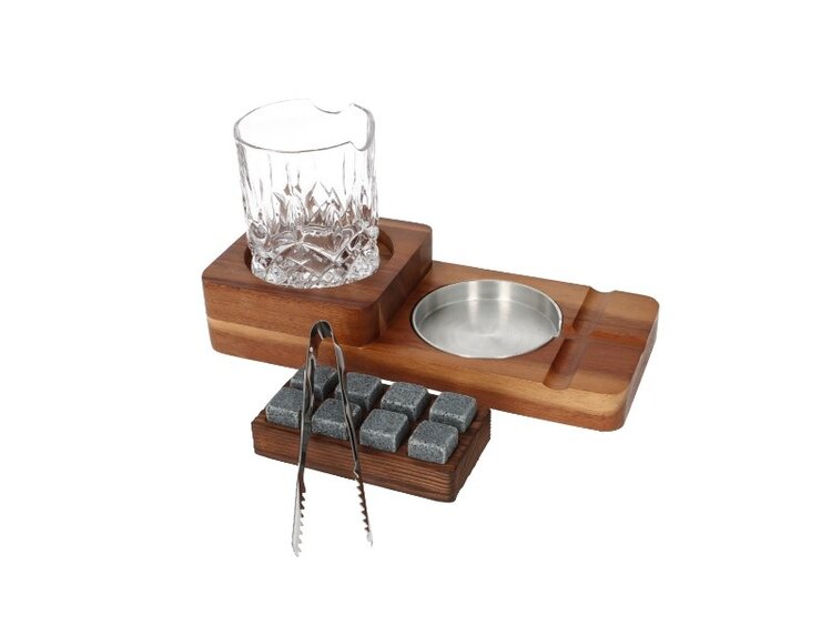 Angelo Zigarren-Geschenkset Whiskyglas mit Zigarrenablage, 8 Granitsteinen und Holzhalter