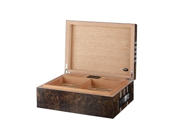 Angelo Zigarrenhumidor Zedernholz Dunkelbraun Hochglanz mit Silberstreifen für 50 Zigarren