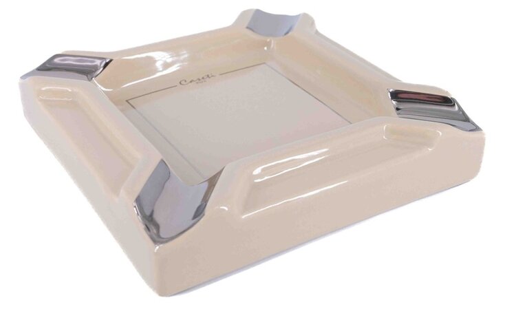 Caseti Zigarrenaschenbecher Porzellan gross Beige mit silbernen Ablagen für 4 Zigarren