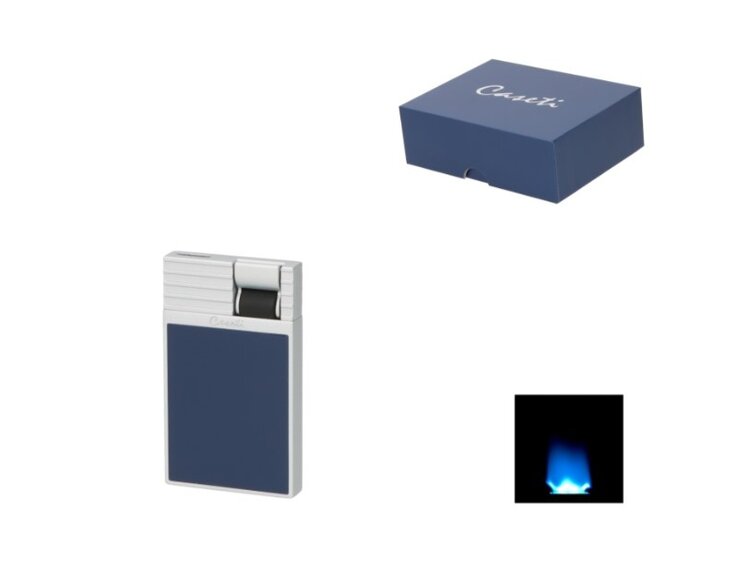 Caseti Zigarrenfeuerzeug Flat Flame breite Jetflamme Tiefblau und Chrom mit Gasstandfenster