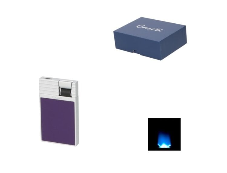 Caseti Flat Flame Feuerzeug Chrom-Violett mit breiter Jetflamme im Samtetui