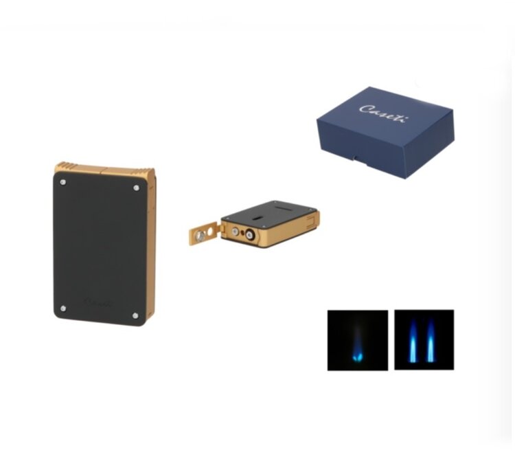 Caseti Zigarrenfeuerzeug Doppeljet und Softflamme Schwarz-Gold mit 8-mm-Bohrer