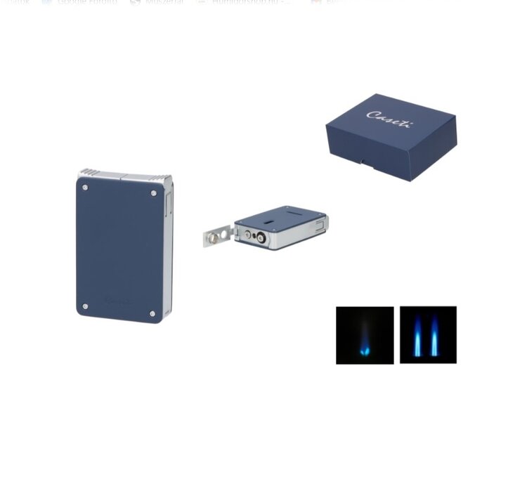 Caseti Zigarrenfeuerzeug Doppeljet und Softflamme Dunkelblau-Chrom mit 8-mm-Bohrer
