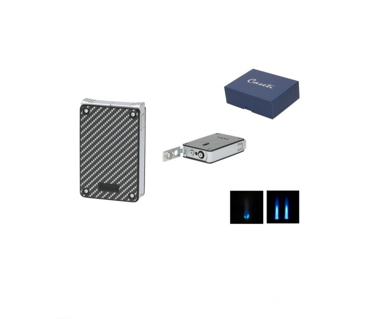Caseti Zigarrenfeuerzeug Doppeljet und Softflamme Karbon-Chrom mit 8-mm-Bohrer