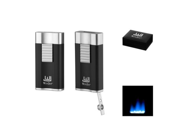 Winjet Zigarrenfeuerzeug Premium Wide Flat mit Flachflamme Schwarz Silber und 6-mm-Bohrer
