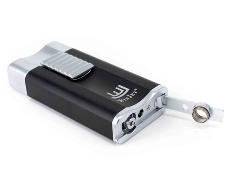 Winjet Zigarrenfeuerzeug Premium Wide Flat mit Flachflamme Schwarz Silber und 6-mm-Bohrer