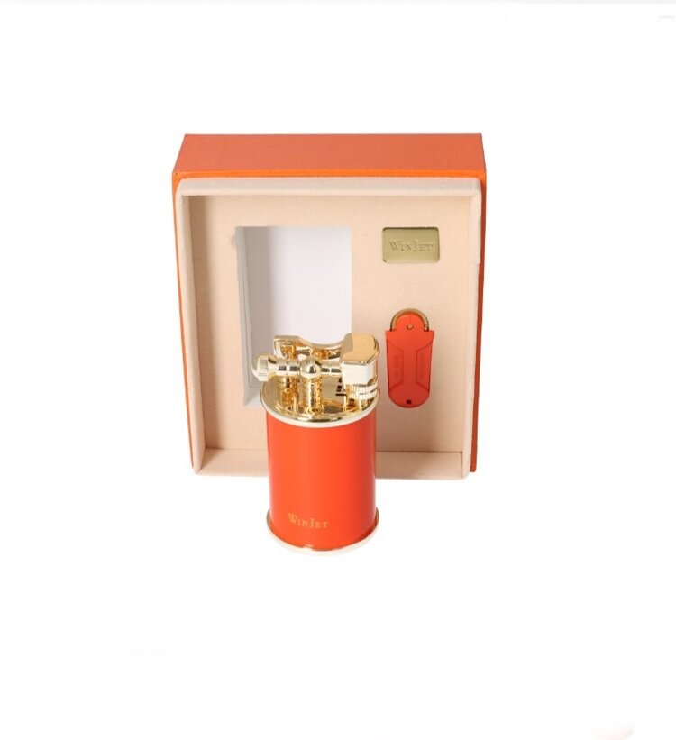 Winjet Zigarren-Tischfeuerzeug Orange Gold mit Reibradzündung und Jetflamme, 9 cm hoch