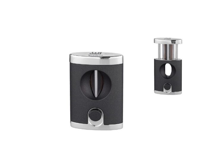 Winjet Zigarrenschneider V-Cut Grau und Chrom mit Druckknopf und Federmechanik in Geschenkbox