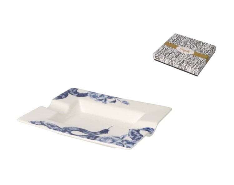 Angelo Zigarrenaschenbecher Keramik Weiss mit blauem Schlangen- und Rosenmotiv