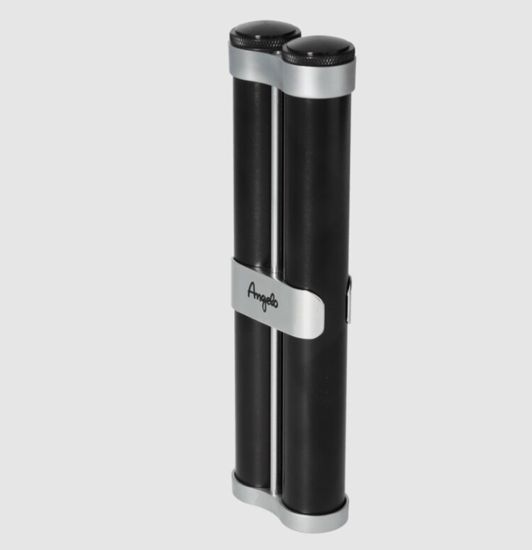 Angelo Zigarrenetui Aluminium Schwarz-Silber mit 2 Schraubröhren und Befeuchtern für 2 Zigarren