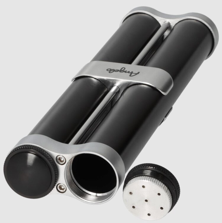 Angelo Zigarrenetui Aluminium Schwarz-Silber mit 2 Schraubröhren und Befeuchtern für 2 Zigarren