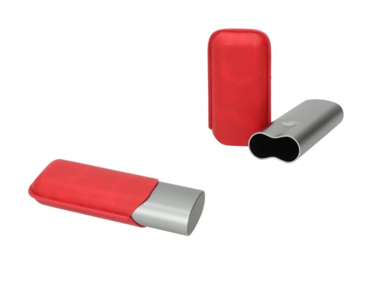 Angelo Zigarrenetui Aluminium Grau und PU-Leder Rot teleskopisch für 2 Zigarren bis Ringmass 60