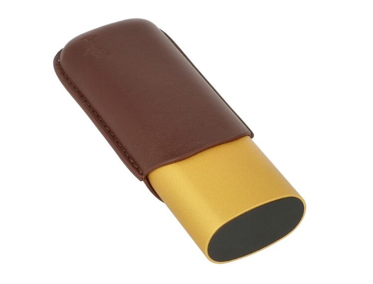 Angelo Zigarrenetui Aluminium Gold matt und PU-Leder Braun teleskopisch für 2 Zigarren