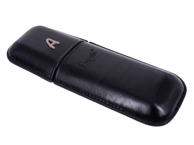Angelo Zigarrenetui Kunstleder Schwarz für 2 Zigarren bis 16 cm und Ringmass 46 in Geschenkbox