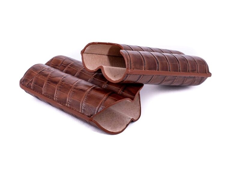 Angelo Zigarrenetui Teleskop Leder Krokodil-Optik Braun für 2 Zigarren bis 16 cm, Ringmass 75