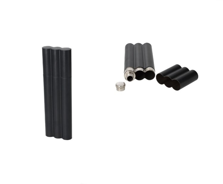 Angelo Zigarrenetui Edelstahl Mattschwarz mit integriertem Flachmann für 2 Zigarren bis 21 cm