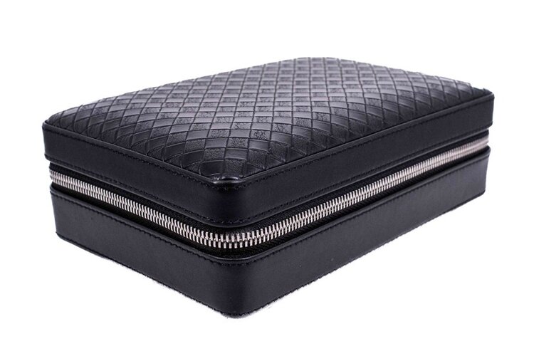 Angelo Zigarren-Reisehumidor Leder Schwarz mit Befeuchter und Zubehörtaschen für 4 Zigarren