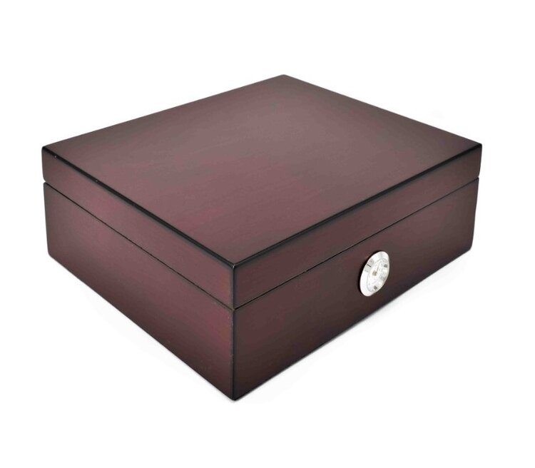 Angelo Zigarrenhumidor Rotbraun mit schwarzen Kanten, Kristallbefeuchter und Aussenhygrometer