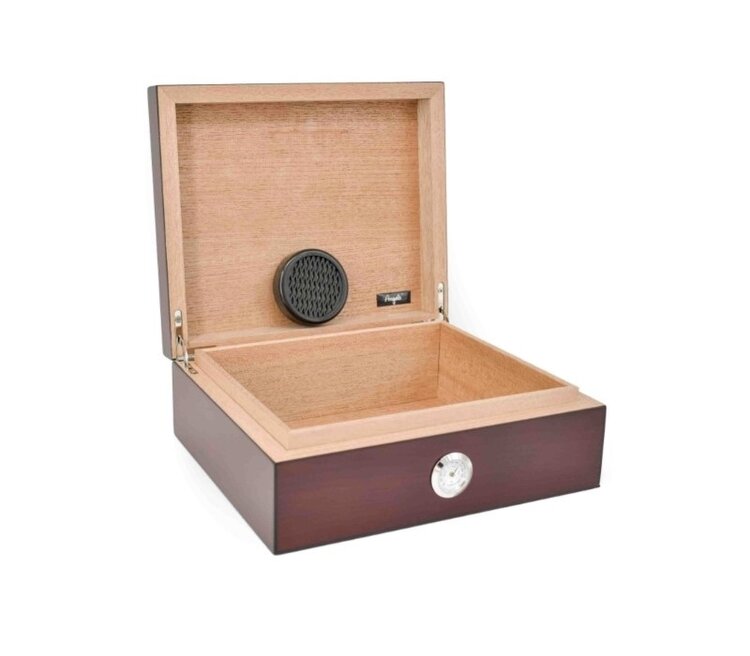 Angelo Zigarrenhumidor Rotbraun mit schwarzen Kanten, Kristallbefeuchter und Aussenhygrometer