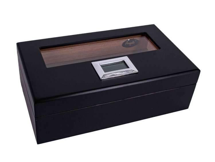 Angelo Zigarren-Reisehumidor Schwarz mit Zedernholz, Sichtfenster und Digital-Hygrometer