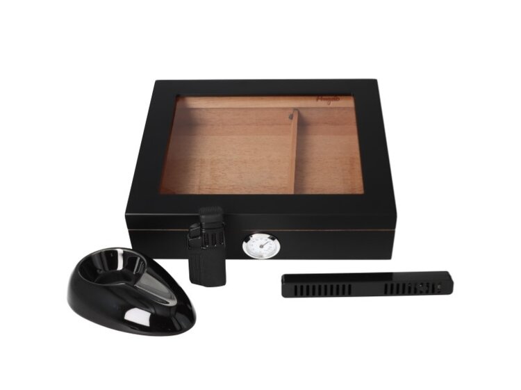 Angelo Zigarren-Geschenkset: Glasdeckel-Humidor, Keramikaschenbecher und 4-fach Jetfeuerzeug