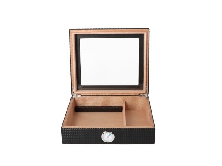 Angelo Zigarrenhumidor Glasdeckel Rautenmuster Schwarz mit Zedernholz, Befeuchter und Hygrometer