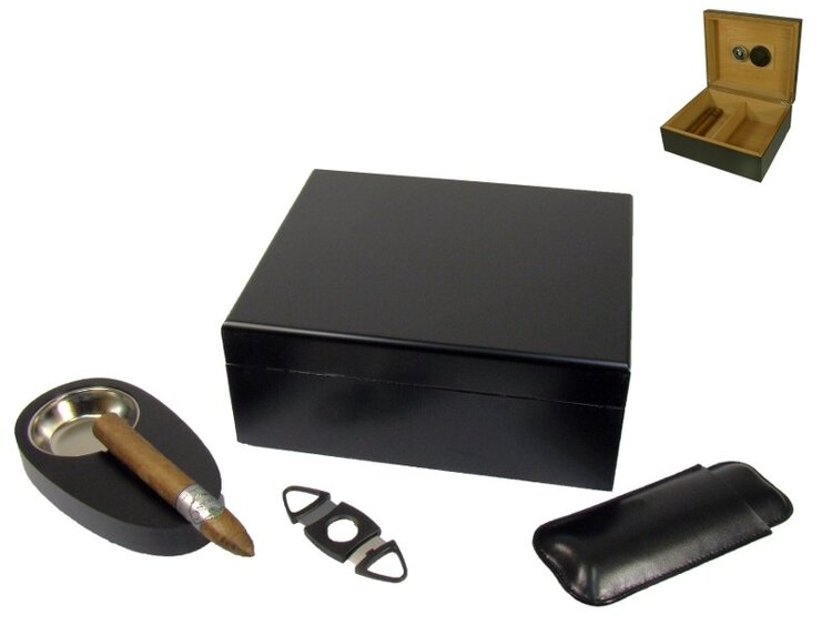 Angelo Zigarrenhumidor-Set Schwarz mit Cutter, Lederetui und Aschenbecher für 40 Zigarren