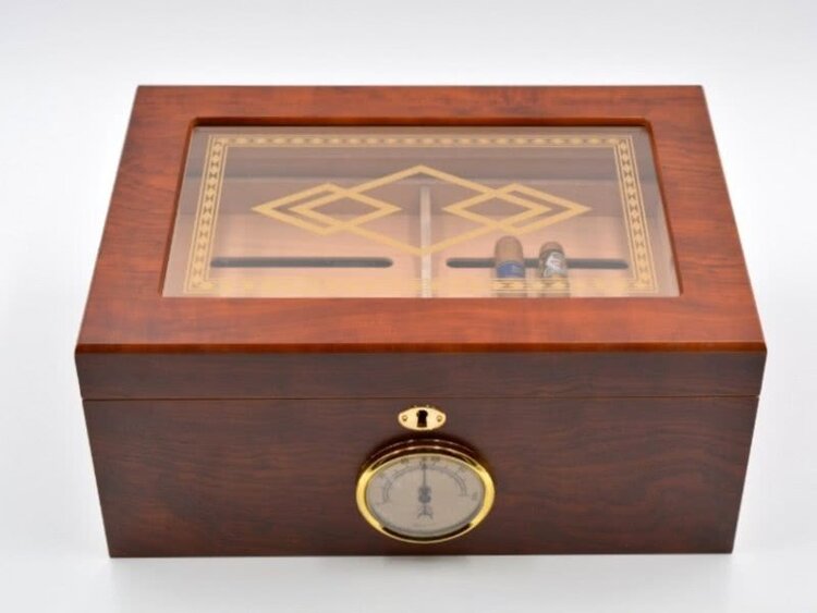 Angelo Zigarrenhumidor Zedernholz Braun mit Glasdeckel, 2 Ebenen und Schloss für 50-60 Zigarren