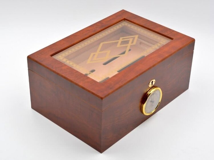 Angelo Zigarrenhumidor Zedernholz Braun mit Glasdeckel, 2 Ebenen und Schloss für 50-60 Zigarren